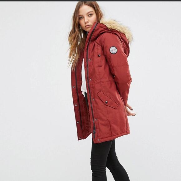 Vera Moda Parka, Faux Fur Collar Excursion Expedition Parka, fire red size XS - Picture 1 of 13